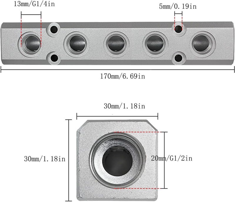 Iceyon 5 Way Pneumatic Manifold Air Distribution Block, Aluminum Alloy Air Compressor Manifold Distribution Block, G1/2 Supply Port, G1/4-Inch Output Port (5 Way 7 Port) - Image 2